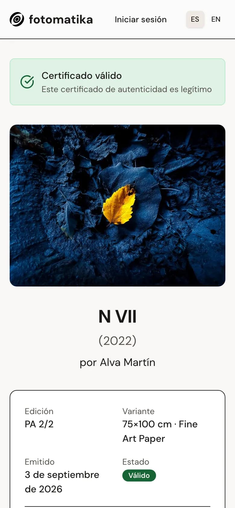 La página pública de un certificado, vista en un móvil